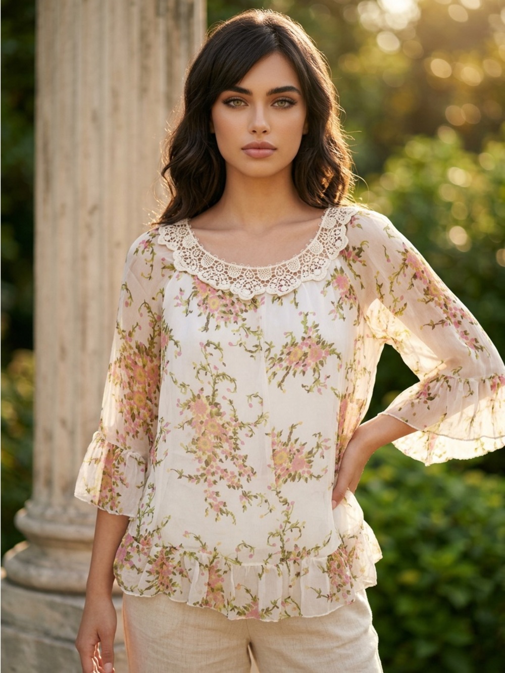 Elena Baldi Lace Floral Feminine Bow Peasant Lined Blouse Cream Pink-S